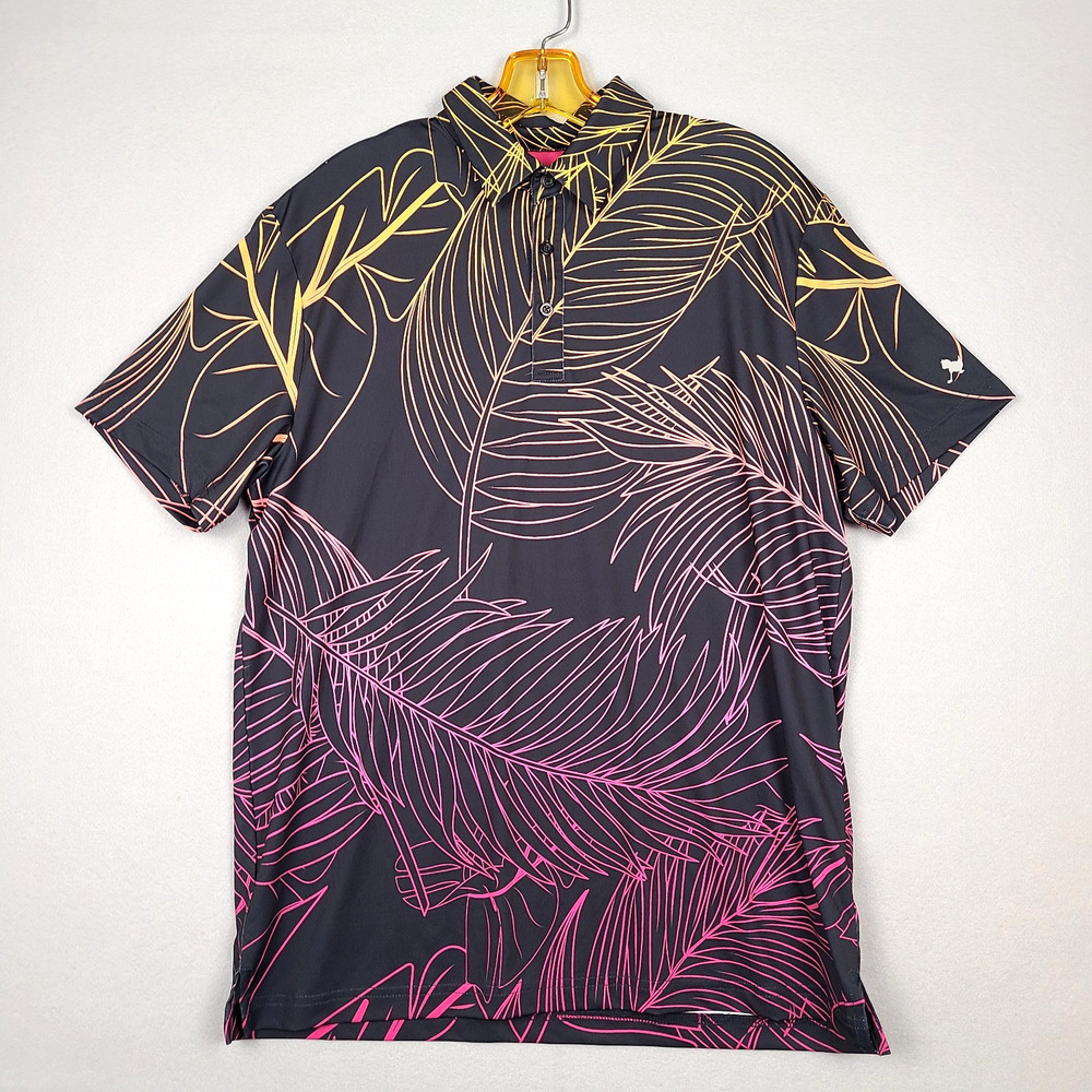 Birdie Bound Golf Polo Mens M Black Tropical Leaf Performance Shirt Resortwear